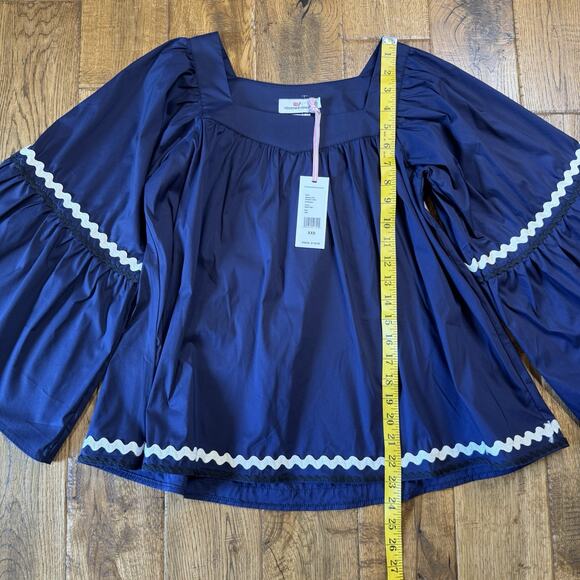 NWT VINEYARD VINES Ric Rac Bell Sleeve Blouse Navy White Embriodery Wmns Sz XXS - Picture 3 of 6